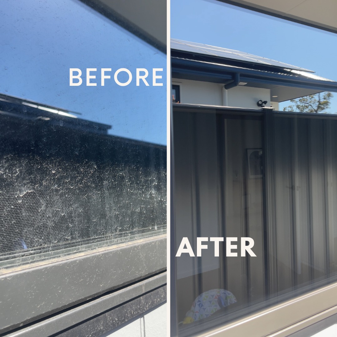 Window cleaning before and after: dirty glass with grime buildup on the left, crystal clear glass on the right after professional cleaning by Refined Grounds